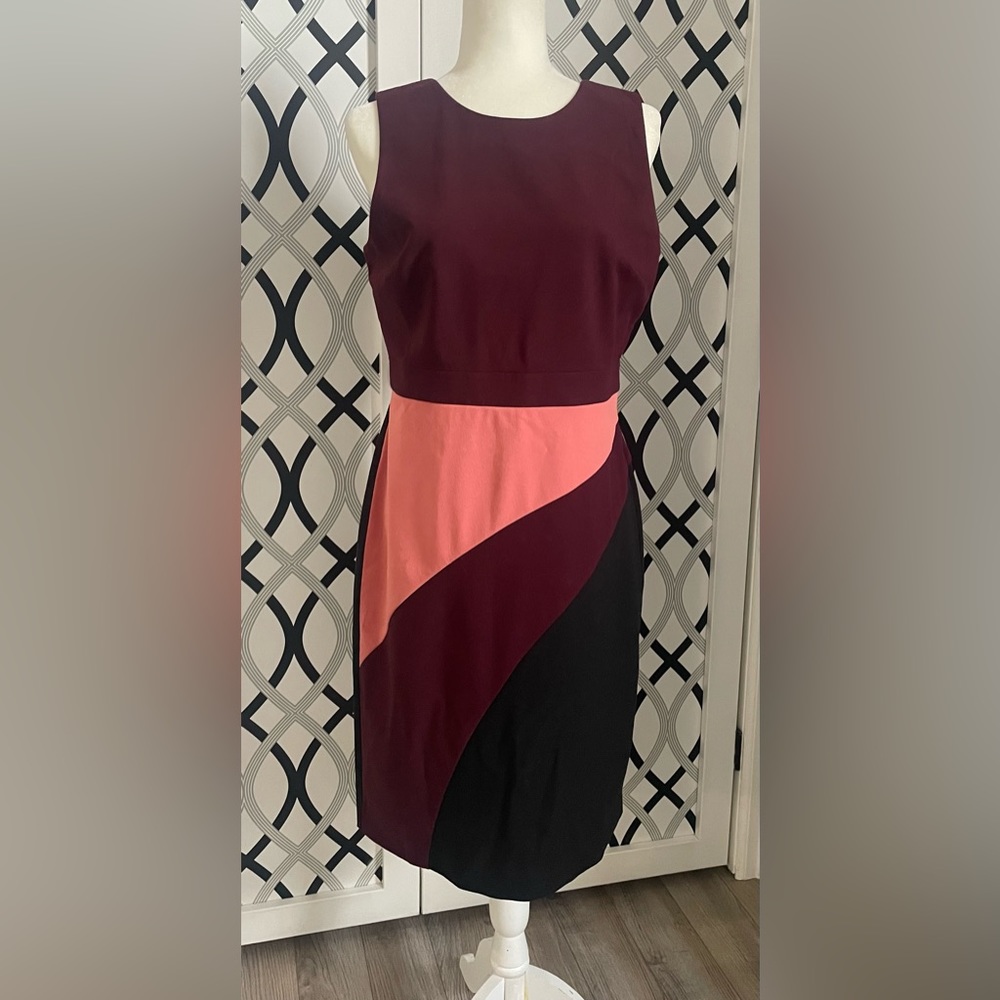 Ann Taylor Burgundy, peach, black color block dress size 8